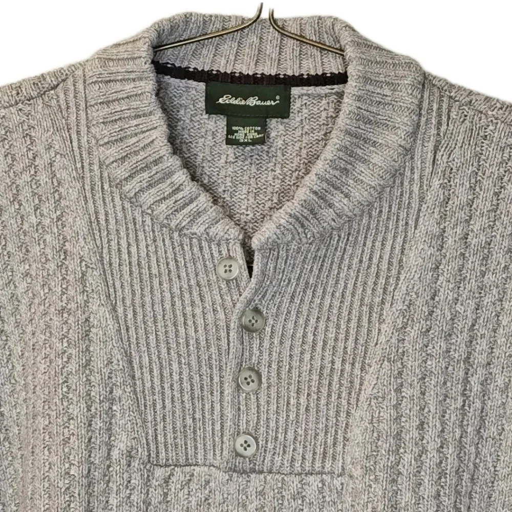 Vintage 80s Eddie Bauer Cable Knit Henley Sweater Men 3X Taupey Gray Qtr Button - Picture 2 of 9